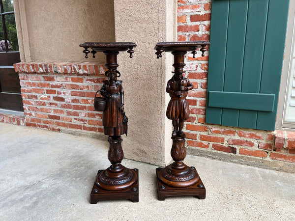 Antique French Breton Pedestal Stands PAIR Carved Figural Display Brittany c1900