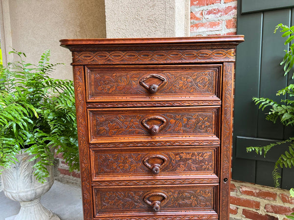 Antique English Victorian Wellington Chest of Drawers Campaign Carved Oak