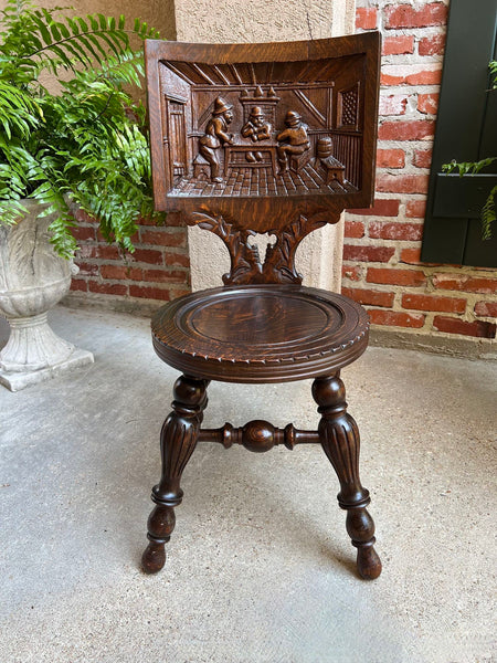 Antique English Pub Chair Fireplace Hearth Carved Tiger Oak Breton Brittany