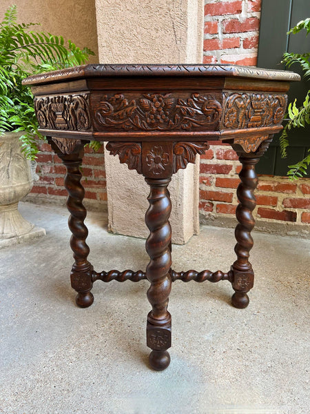 Antique French Octagon Sofa Table Carved Oak Barley Twist Louis XIII Renaissance