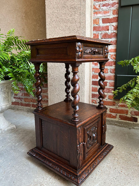 Antique French Side End Table Cabinet BARLEY TWIST Carved Oak Renaissance Marble