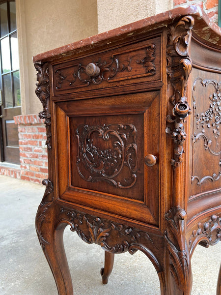 Antique French Nightstand Cabinet Marble Top Louis XV Carved Walnut c1890
