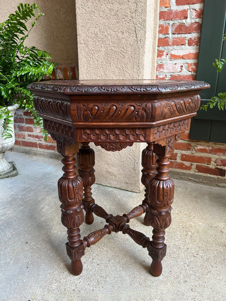 Petite Antique French Octagon Center Side TABLE Renaissance Carved Oak