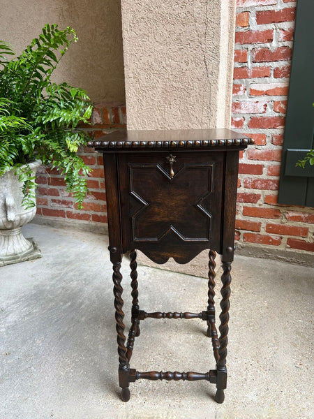 Antique English Square Table Plant Stand Jacobean BARLEY TWIST Cabinet Dark Oak