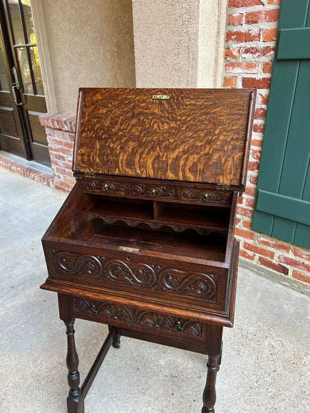 Antique English Slant Front Desk Display Stand Jacobean Carved Tiger Oak Lectern