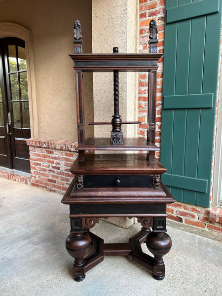 Antique English Book Press Table Renaissance Carved Oak Ebonized Cabinet c1880