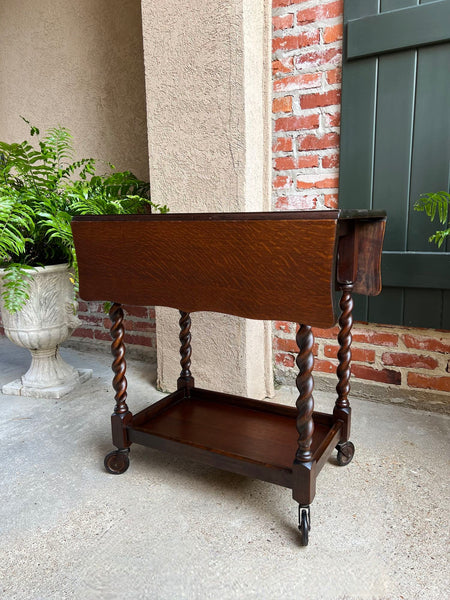 Antique English Tea Trolley Drinks Cart Barley Twist Dumbwaiter Drop Leaf Table