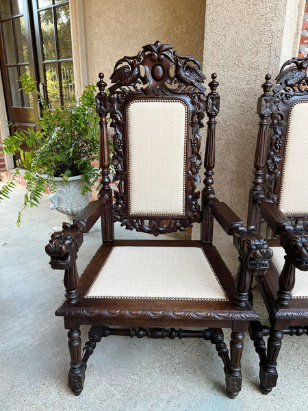PAIR Antique French Arm Chair Dining Renaissance Carved Oak Bird Black Forest