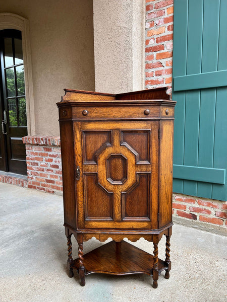 Antique English Tiger Oak Corner Cabinet Barley Twist Jacobean Arts & Crafts