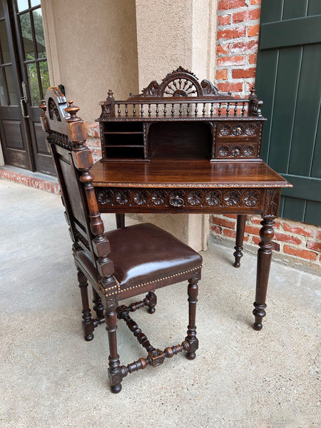 Antique French Carved Oak Writing Desk Secretary AND Chair Breton Brittany SET
