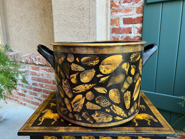 LARGE Antique English Planter Cachepot Black Metal Lacquer SHELL Decoupage c1890