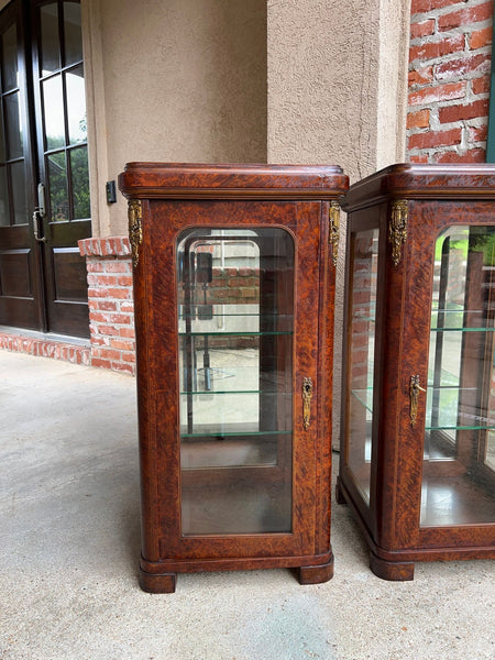 PAIR Antique French Glass Vitrine Display Cabinets Burl Mahogany Mirror c1900