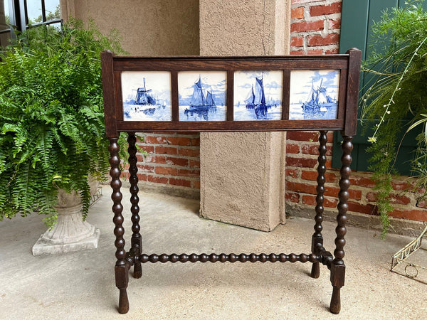 Antique English Planter Blue White DELFT Tile Floral Box Oak Bobbin Legs c1910
