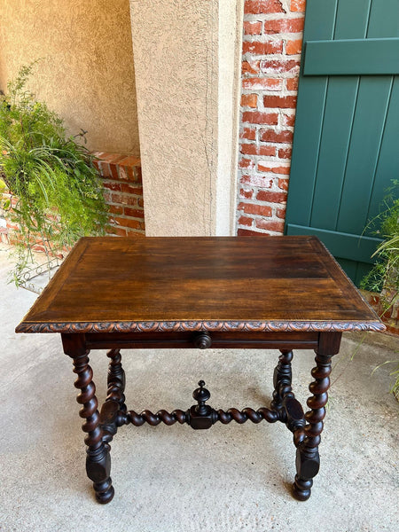 Antique English Console Table Writing Desk Jacobean Barley Twist Carved Oak c1890