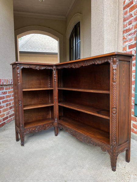 Antique French Corner Bookcase Carved Oak Louis XV Revival Open Shelves c1920