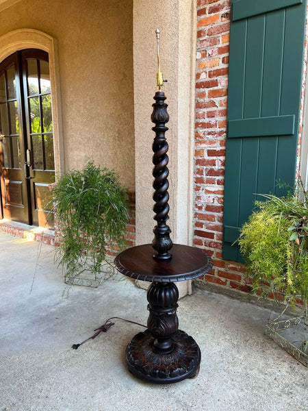 Antique English Carved Oak Floor Lamp OPEN Barley Twist w Round End Table c1920