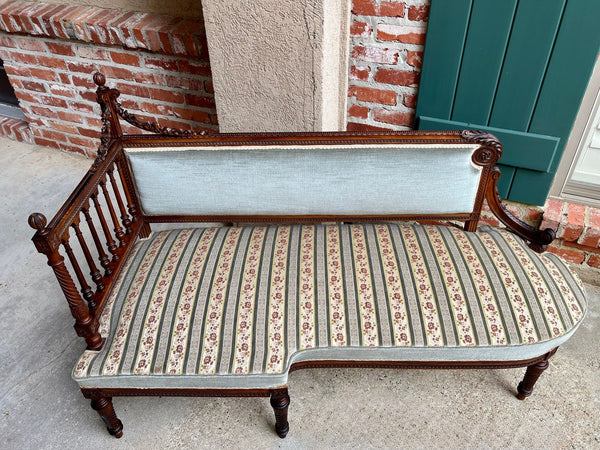 Antique English Chaise Lounge Bench Victorian Hall Seat Carved Walnut c1880