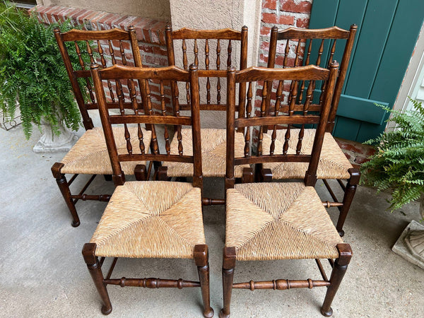 Set 5 Vintage English Oak Dining Side Chairs Rush Seat Lancashire Spindle Back