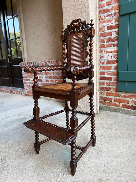 Antique French Child High Chair Renaissance Barley Twist Carved Oak Caned c1890