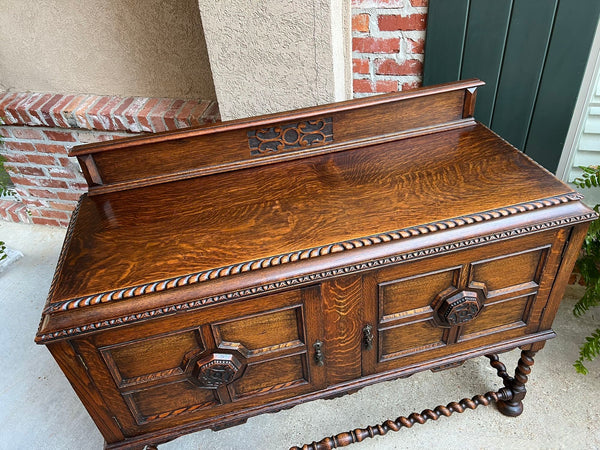 Antique English Sideboard Server Buffet BARLEY TWIST Carved Tiger Oak Jacobean