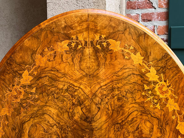 Antique English Center Breakfast Table Burl Walnut Tilt Top Inlaid Oval c1890