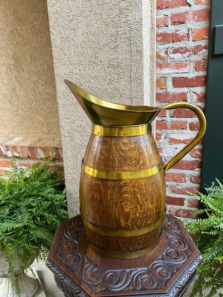 Antique Large French Country Oak Pitcher Brass Band Wine Barrel Umbrella Stand