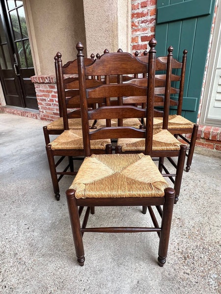 Vintage English Dining Chairs Set 6 Oak Ladder Back Rush Seat Woven