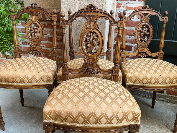 Set 4 Antique French Louis XVI Salon Chairs Petite Dining Parlor Carved Walnut