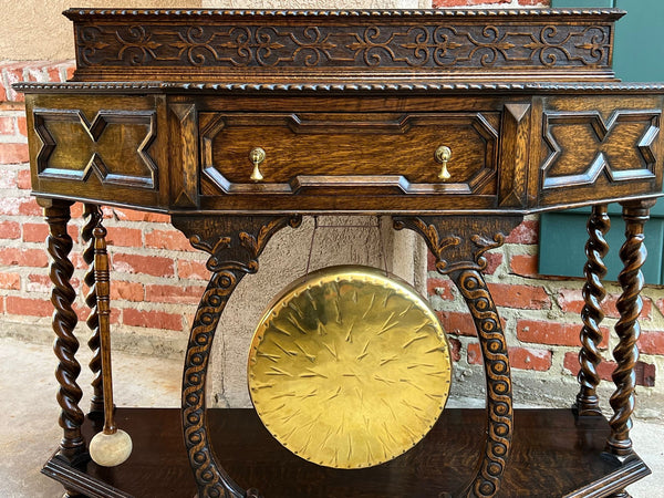 Antique English Console Hall Table Jacobean Carved Oak Barley Twist Gong c1880