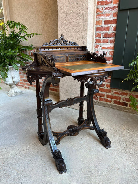 Antique French Writing Desk Secretary Black Forest Carved Oak Renaissance c1890