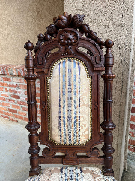 Pair Antique French Dining Chairs Renaissance Carved Oak Black Forest c1880