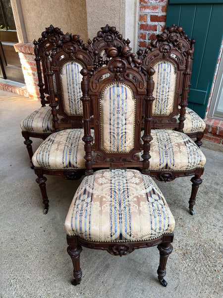 Set 6 Antique French Dining Chairs Renaissance Carved Oak Black Forest c1880