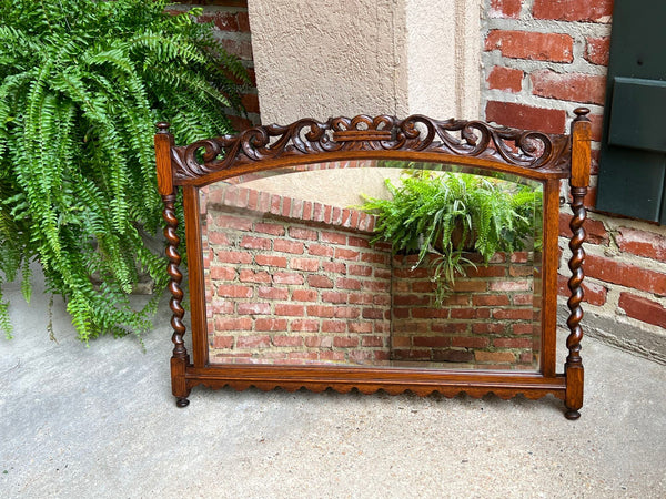 Antique English Carved Oak Wall Mirror Barley Twist Arched Top Frame Jacobean