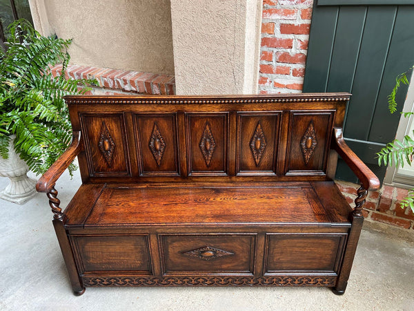 Antique English Hall Bench Carved Oak Barley Twist Jacobean Lift Top Settee