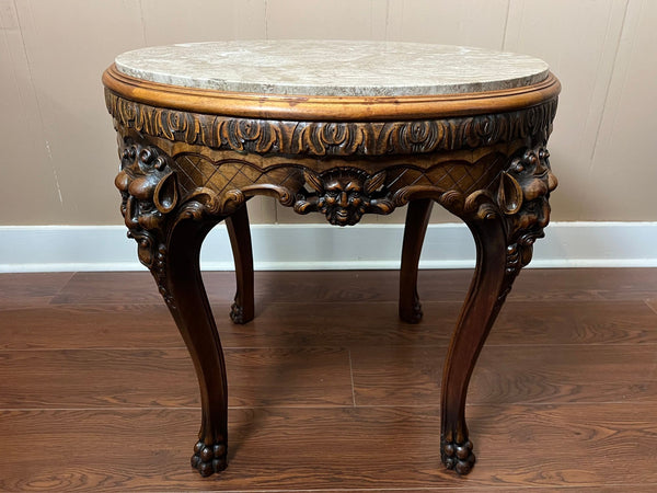 Antique French Renaissance Revival Center Table Round Marble Carved Walnut c1900