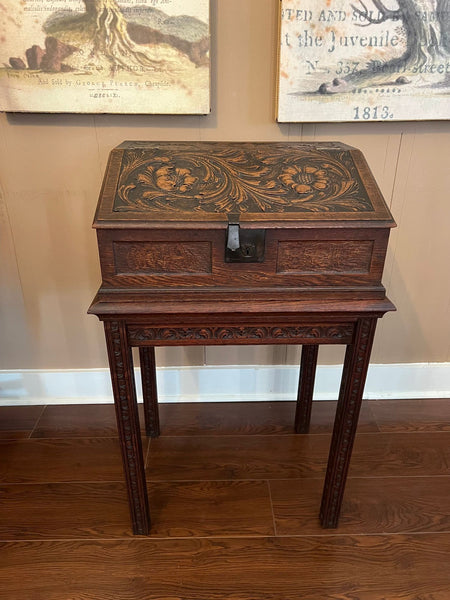 Antique English Slant Top Bible Box Desk Stand Jacobean Carved Oak Lectern c1890