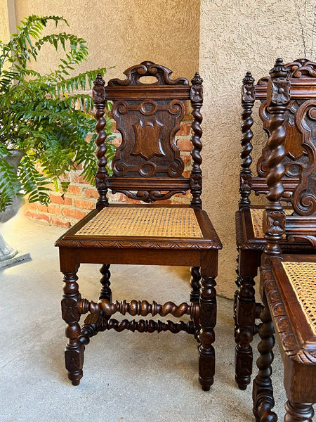 Set 4 Antique French Dining Chairs Barley Twist Cane Seat Carved Oak c1920