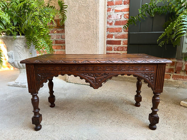 Antique French Bench Stool Gothic Renaissance Coffee Table Carved Oak c1890