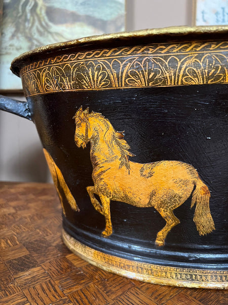 Antique English Planter Jardiniere Horse Equine Black Decoupage Tole Metal c1900