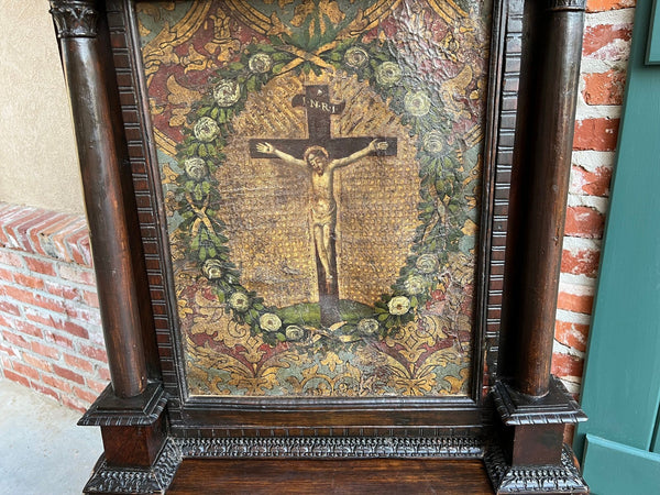 Antique French Gothic Devotional Cabinet Religious Painting Carved Oak Kneeler
