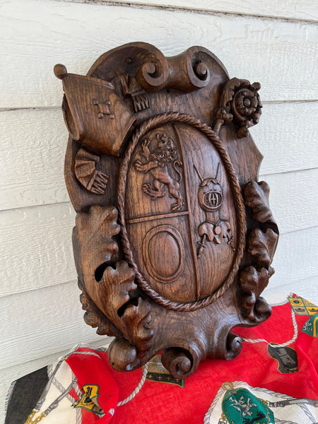 Antique French Gothic Wall Plaque Coat of Arms Carved Oak Renaissance c1890