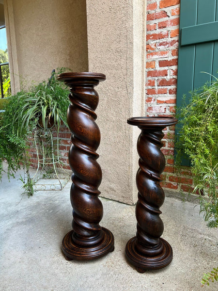 PAIR Set of 2 Antique French Pedestal Stand BARLEY TWIST Oak LARGE Plant Columns