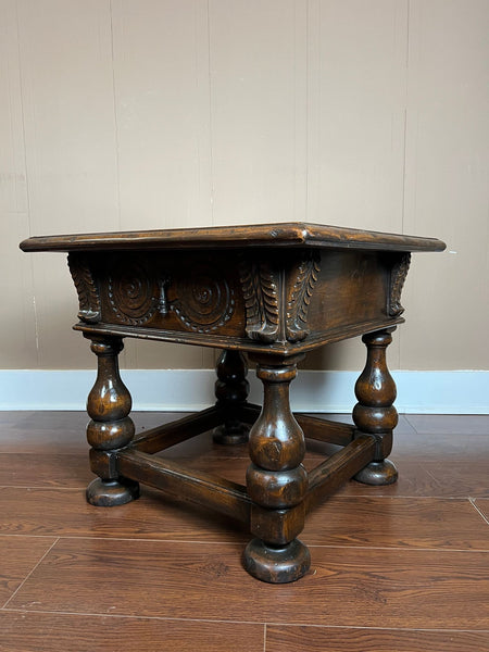 Antique English Side End Table Small Square Carved Oak Jacobean Revival c1910