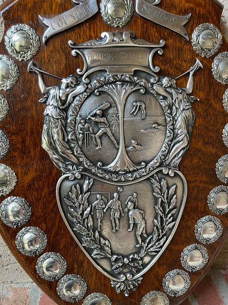 Antique English Trophy Baseball Soccer Swimming Award Plaque Silver Plate c1926