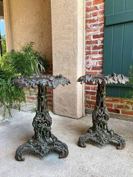 PAIR Antique French Round Side Table Grotto Rococo Cast Iron Plant Stand c1880