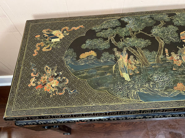 Vintage Chinese Console Table Black Lacquer Chinoiserie Gilt Hand Painted c1950