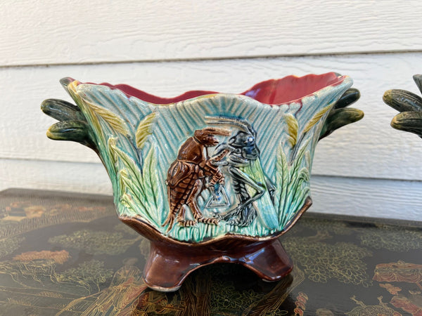 PAIR Antique French Majolica Jardinières Insect Musician Cache Pot Planter c1880