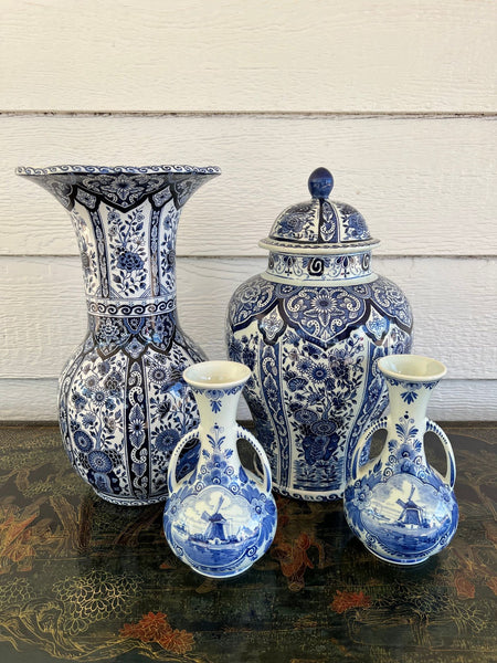Vintage Large Delft Trumpet Vase Blue and White Floral Boch Royal Sphinx Urn