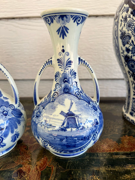 PAIR Petite Vintage Delft Vases Blue & White Windmilll Hand Painted Bud Vases