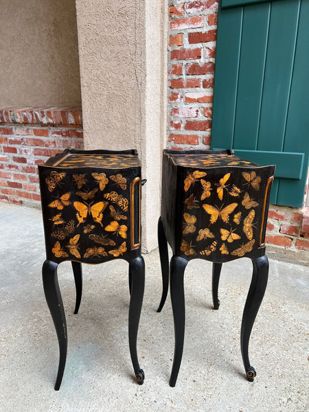 PAIR French Bedside Cabinets Chinoiserie Butterfly Gilt Lacquer Tables